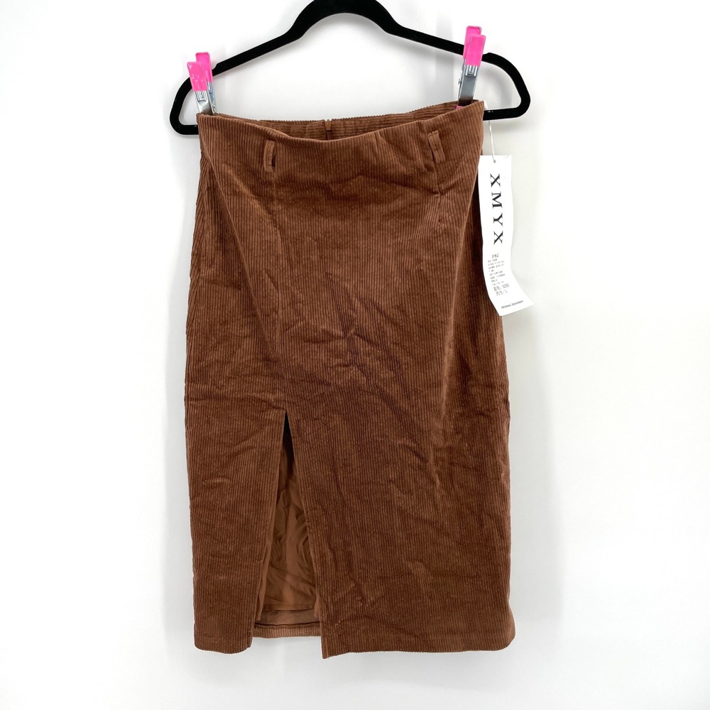 XMYX Brown Corduroy Midi Skirt Front Slit High 29" Waist‎ NWT Size Asian Large